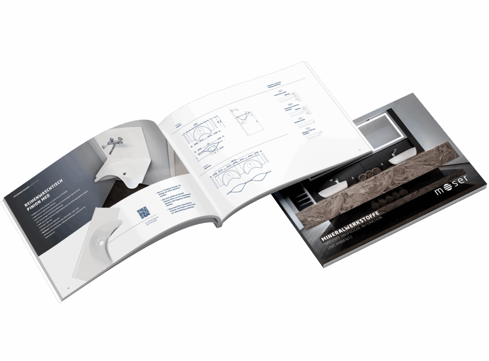 Es werden zwei Broschüren gezeigt: eine geschlossene, die auf dem Umschlag einen Badezimmer-Waschtisch zeigt, und eine geöffnete, die auf weißen Seiten Produktfotos und technische Zeichnungen von Badezimmerarmaturen zeigt.
